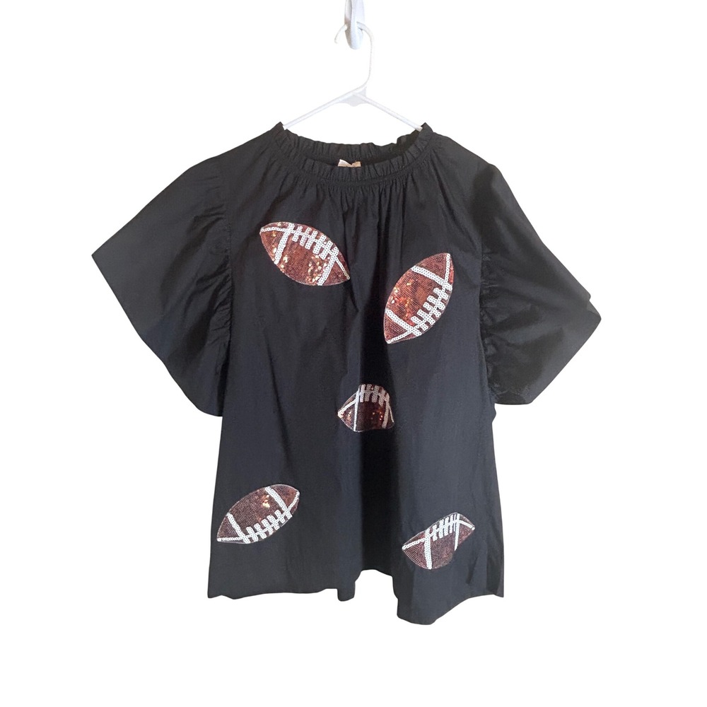 Oddi Football Sequin Top Women 3XL Black Flutter Sleeve Game Day
